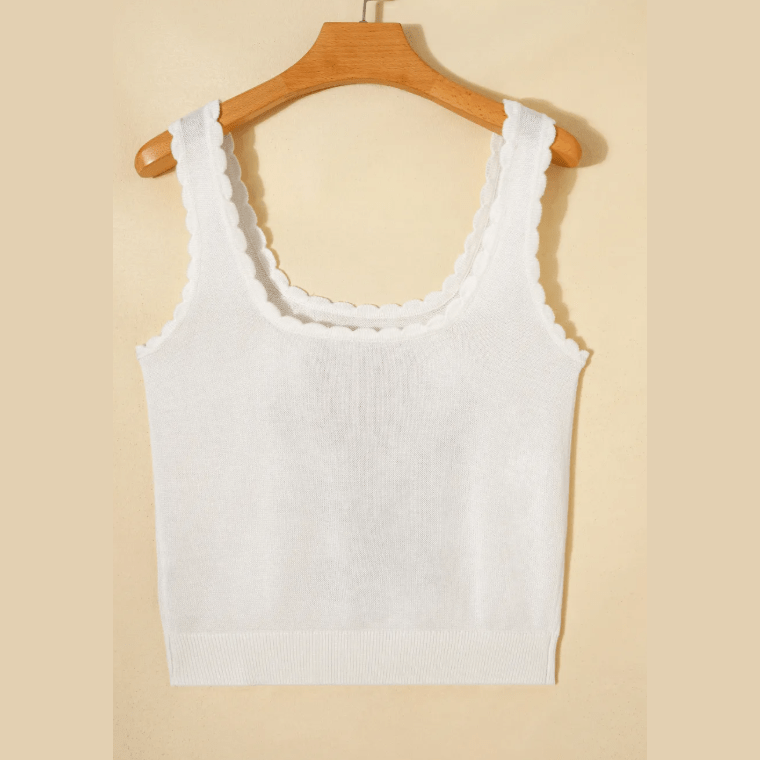 Klaudia White Retro Floral Print Scalloped Square Neck Knit Tank