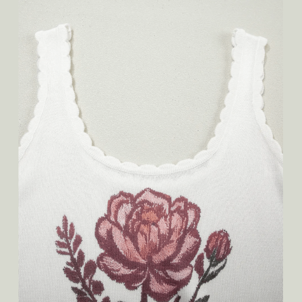 Klaudia White Retro Floral Print Scalloped Square Neck Knit Tank