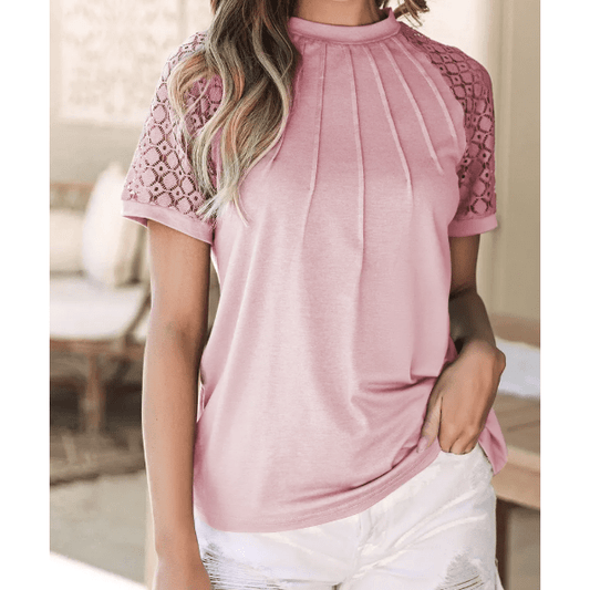 Parkin Pink Seamed Detail Contrast Lace Raglan Sleeve Tee