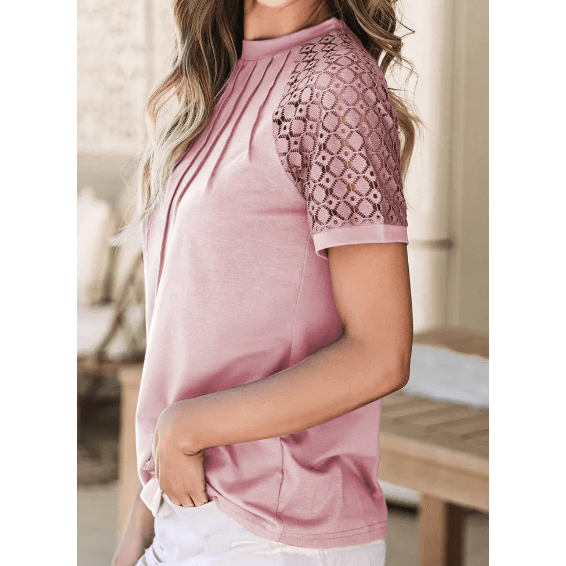 Parkin Pink Seamed Detail Contrast Lace Raglan Sleeve Tee