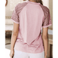Parkin Pink Seamed Detail Contrast Lace Raglan Sleeve Tee