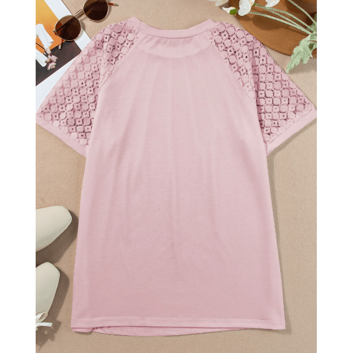 Parkin Pink Seamed Detail Contrast Lace Raglan Sleeve Tee