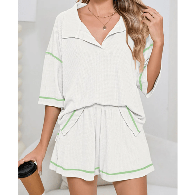 Baylor White Breathable Waffle Color Block Trim 2pcs Casual Short Set