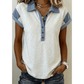 Cacey Light Grey Denim Color Block Patchwork Shirt Collar Short Sleeve Blouse