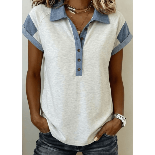 Cacey Light Grey Denim Color Block Patchwork Shirt Collar Short Sleeve Blouse