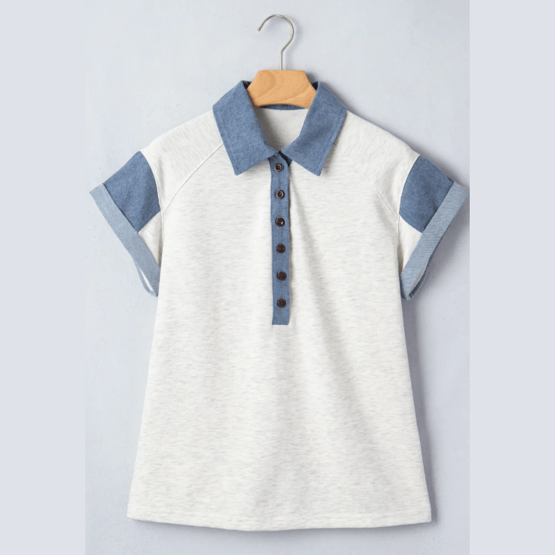 Cacey Light Grey Denim Color Block Patchwork Shirt Collar Short Sleeve Blouse