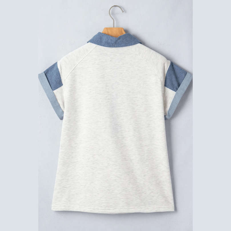 Cacey Light Grey Denim Color Block Patchwork Shirt Collar Short Sleeve Blouse