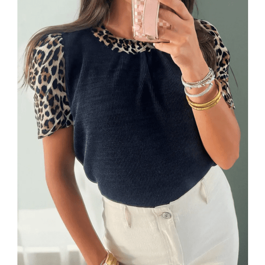 Kimbre Navy Blue Ribbed Contrast Leopard Patchwork Short Sleeve Top
