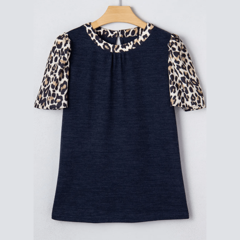 Kimbre Navy Blue Ribbed Contrast Leopard Patchwork Short Sleeve Top