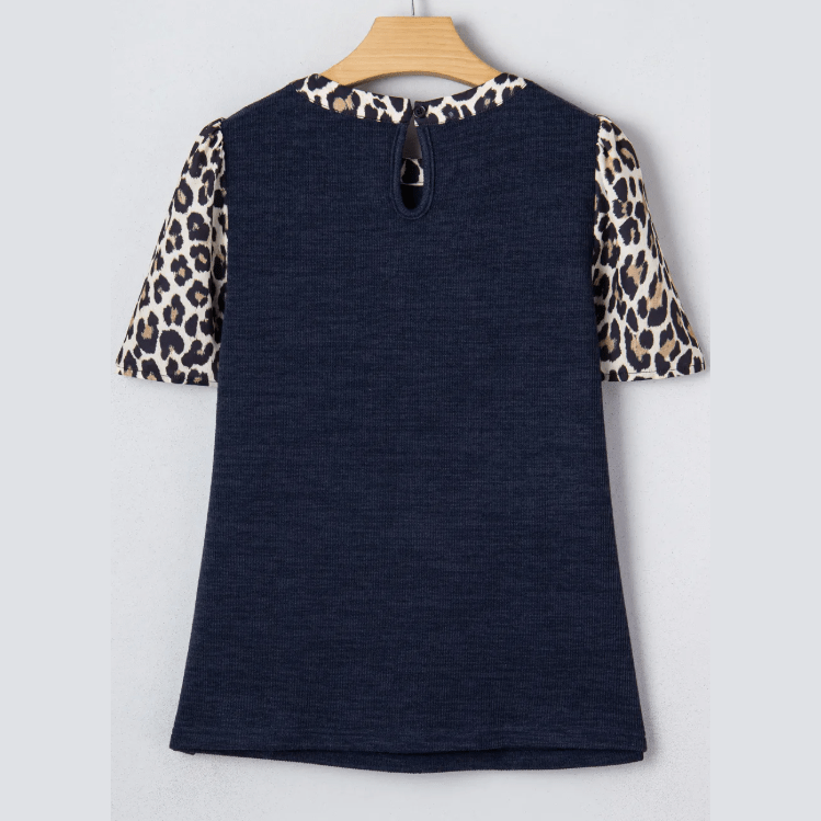 Kimbre Navy Blue Ribbed Contrast Leopard Patchwork Short Sleeve Top