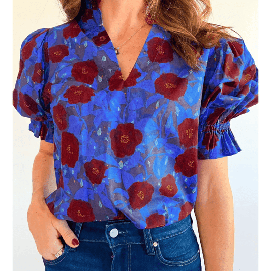 Ida Blue Ruffled Short Balloon Sleeve Frilled V Neck Floral Blouse