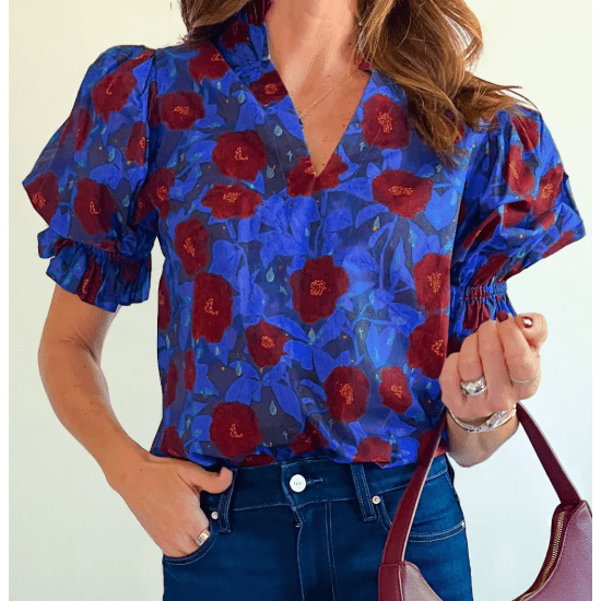 Ida Blue Ruffled Short Balloon Sleeve Frilled V Neck Floral Blouse