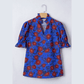 Ida Blue Ruffled Short Balloon Sleeve Frilled V Neck Floral Blouse