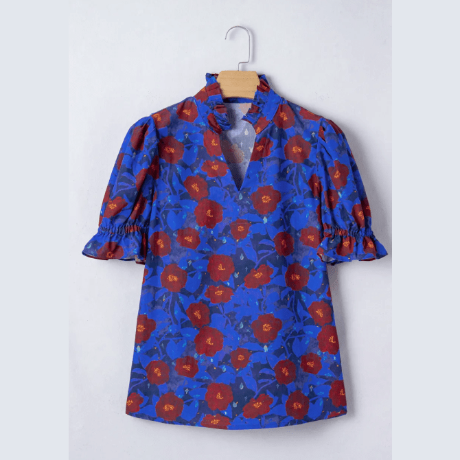 Ida Blue Ruffled Short Balloon Sleeve Frilled V Neck Floral Blouse