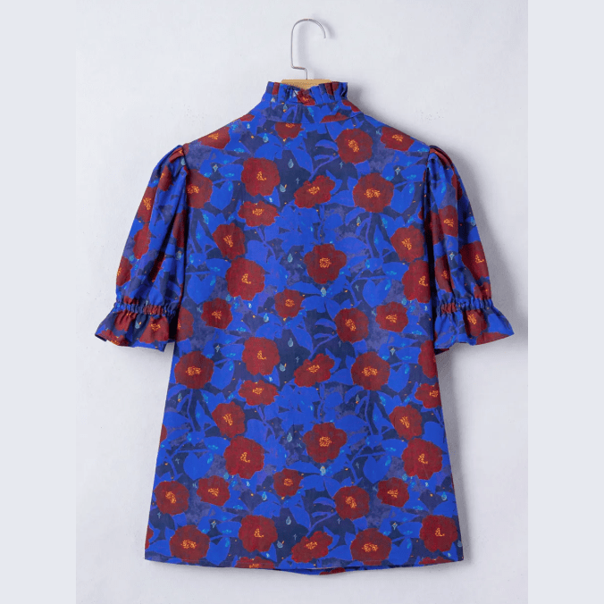 Ida Blue Ruffled Short Balloon Sleeve Frilled V Neck Floral Blouse