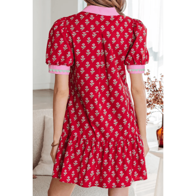 Jordan Red Floral Print Contrasted V Neck Short Bubble Sleeve Mini Dress