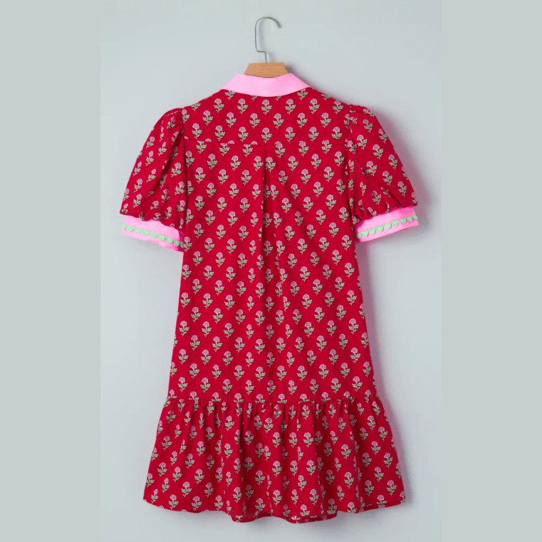 Jordan Red Floral Print Contrasted V Neck Short Bubble Sleeve Mini Dress