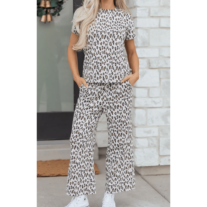Abigal Leopard Print Casual Tee and Pants 2pcs Outfit