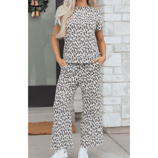 Abigal Leopard Print Casual Tee and Pants 2pcs Outfit