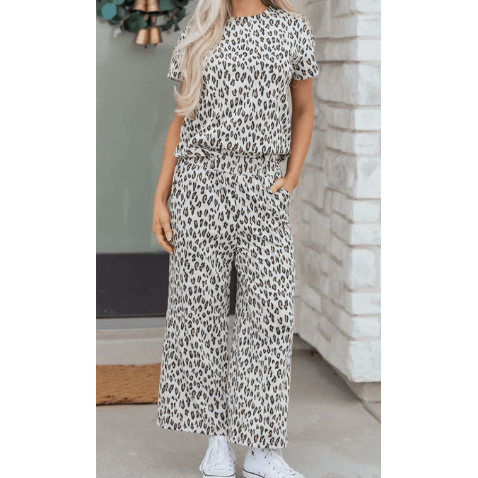 Abigal Leopard Print Casual Tee and Pants 2pcs Outfit