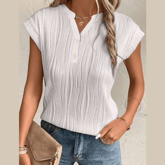 Monette White Wavy Textured Button V Neck Tee