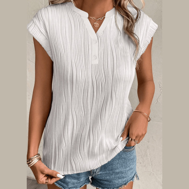 Monette White Wavy Textured Button V Neck Tee