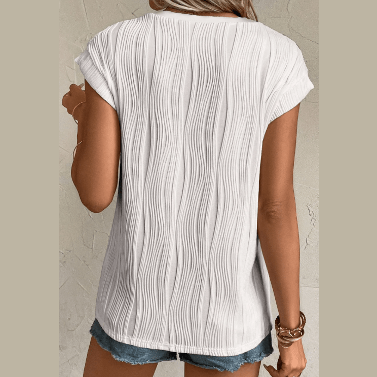 Monette White Wavy Textured Button V Neck Tee