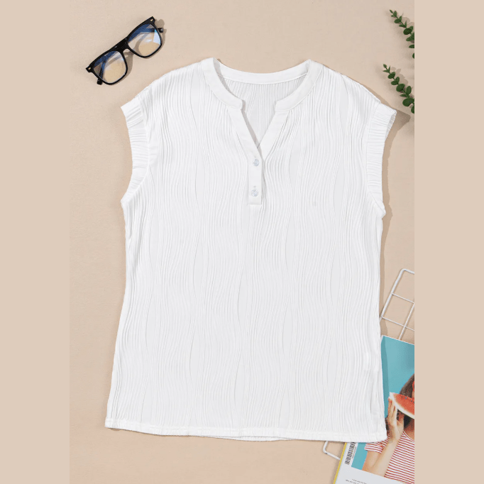 Monette White Wavy Textured Button V Neck Tee