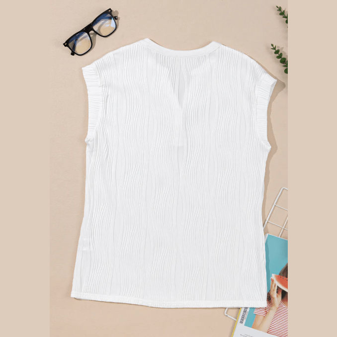 Monette White Wavy Textured Button V Neck Tee