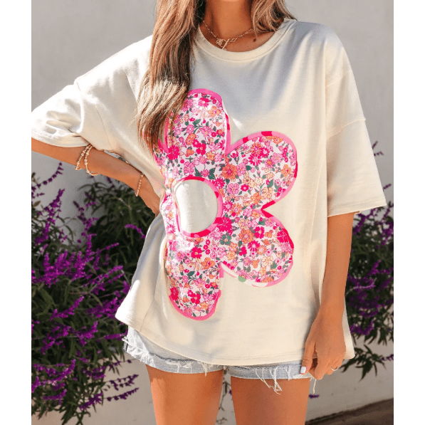Dianne Floral Patched Raw Seam Big Flower Oversize Tee