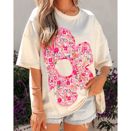 Dianne Floral Patched Raw Seam Big Flower Oversize Tee