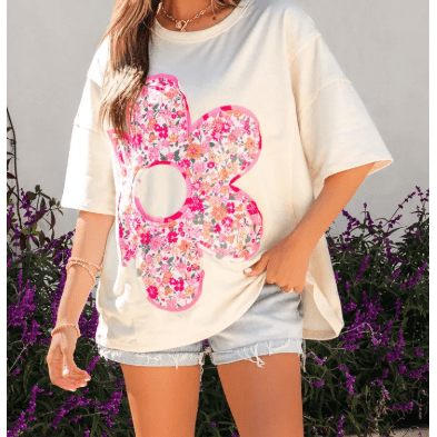 Dianne Floral Patched Raw Seam Big Flower Oversize Tee