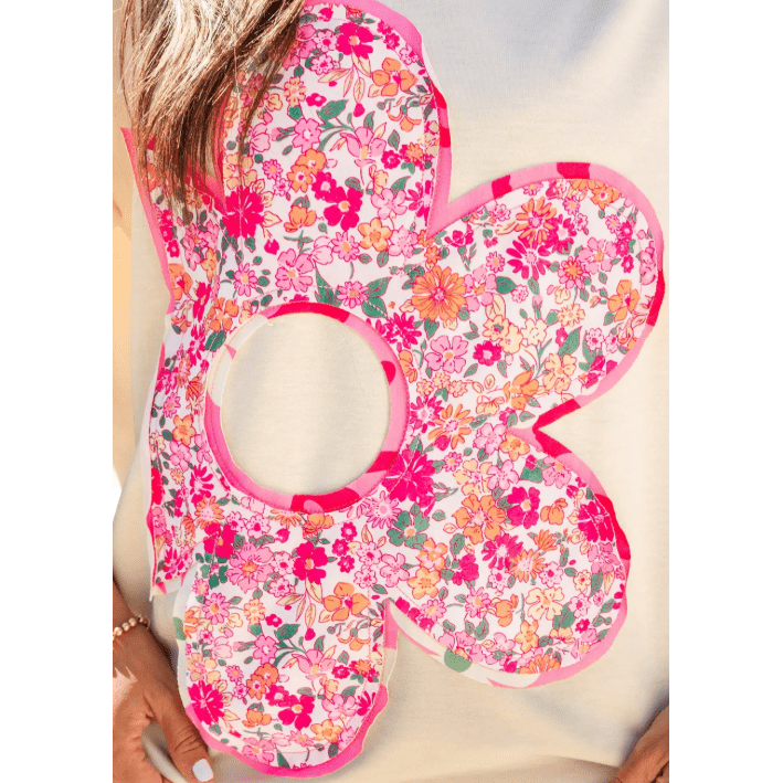 Dianne Floral Patched Raw Seam Big Flower Oversize Tee