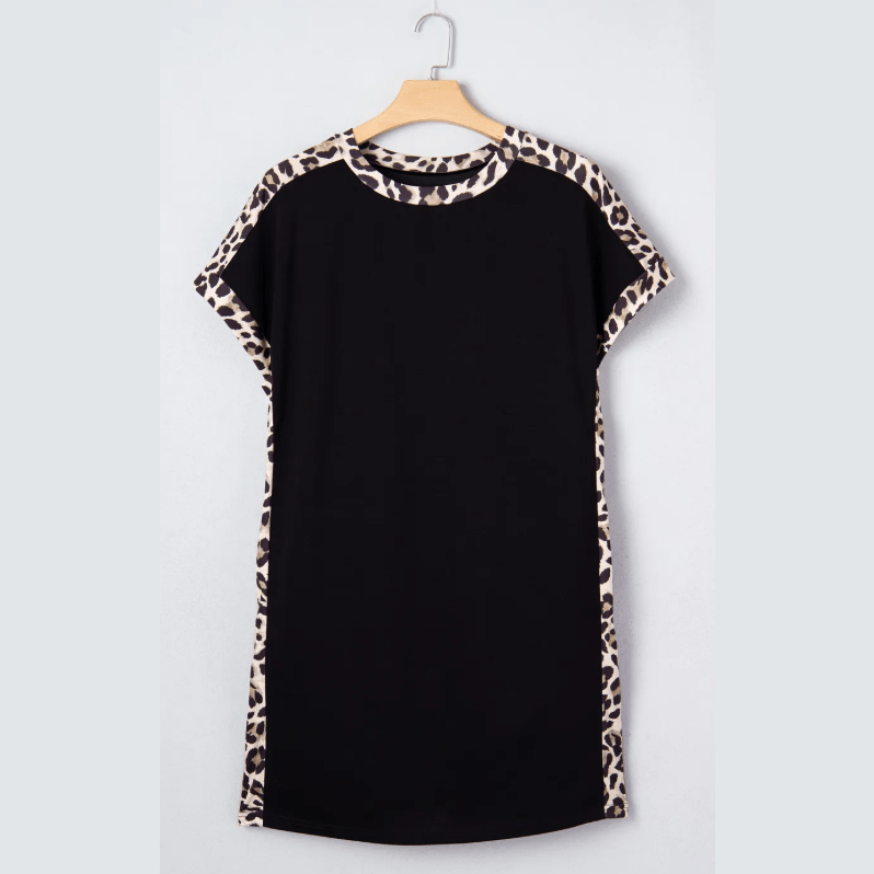 Oaklyn Black Plus Size Leopard Print Patchwork Shift T Shirt Dress with Pockets