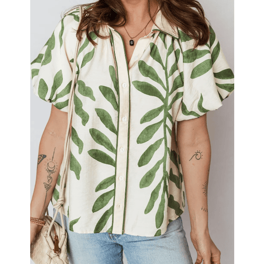 RTS Green Leaf Print Short Balloon Sleeve Shirt
