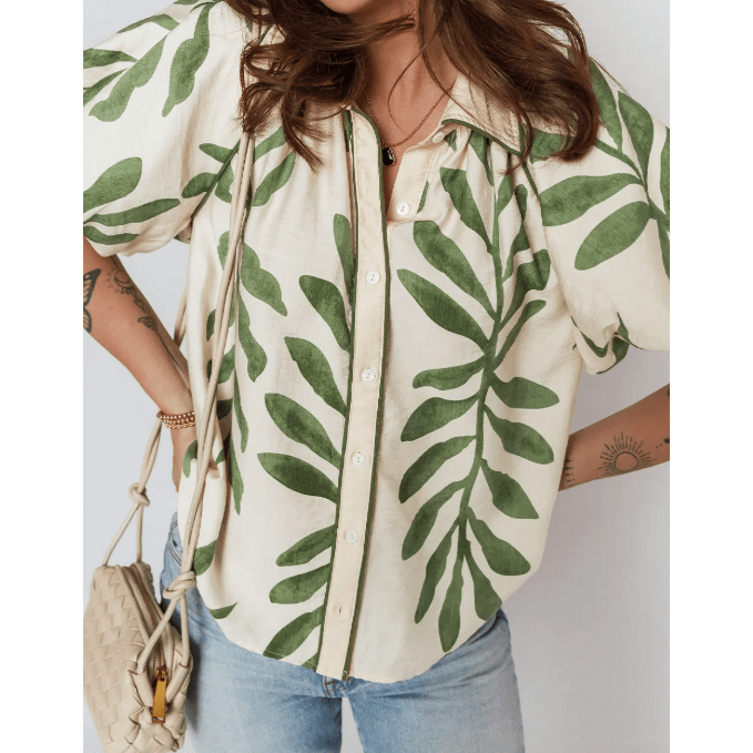 RTS Green Leaf Print Short Balloon Sleeve Shirt