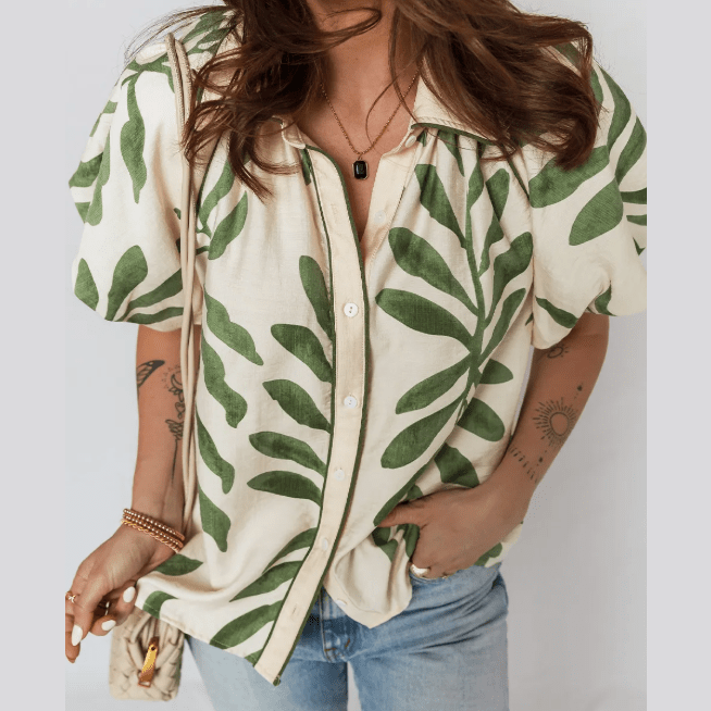 RTS Green Leaf Print Short Balloon Sleeve Shirt