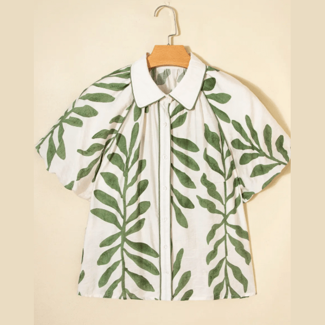 RTS Green Leaf Print Short Balloon Sleeve Shirt
