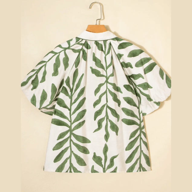 RTS Green Leaf Print Short Balloon Sleeve Shirt