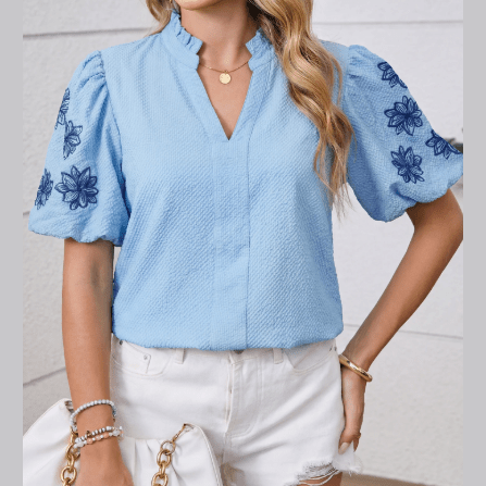 RTS Beau Blue Flower Embroidered Puff Sleeve Split Neck Textured Blouse