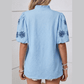 RTS Beau Blue Flower Embroidered Puff Sleeve Split Neck Textured Blouse