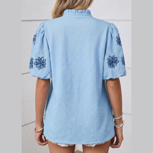 RTS Beau Blue Flower Embroidered Puff Sleeve Split Neck Textured Blouse