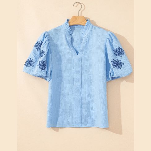 RTS Beau Blue Flower Embroidered Puff Sleeve Split Neck Textured Blouse
