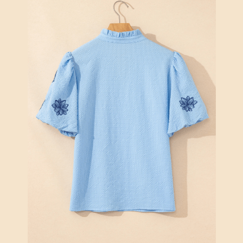 RTS Beau Blue Flower Embroidered Puff Sleeve Split Neck Textured Blouse