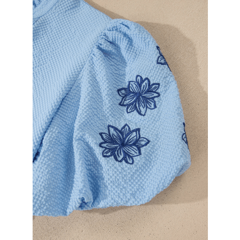 RTS Beau Blue Flower Embroidered Puff Sleeve Split Neck Textured Blouse