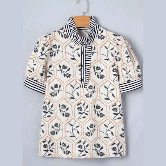 RTS Floral Print Striped Patchwork Button Neck Short Sleeve Blouse