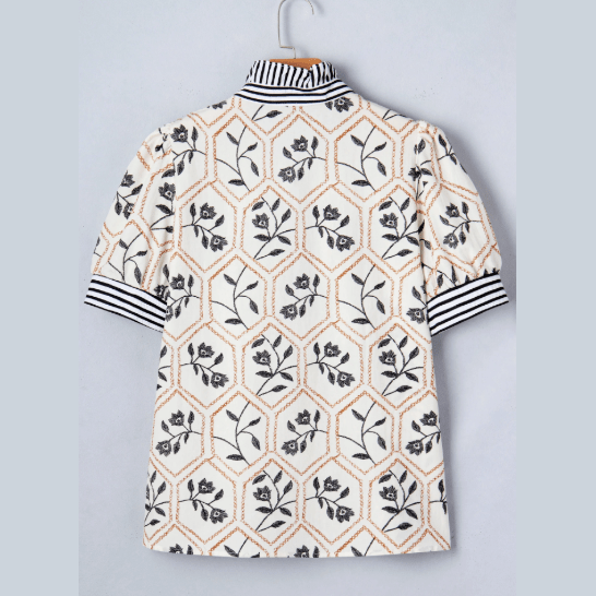 RTS Floral Print Striped Patchwork Button Neck Short Sleeve Blouse
