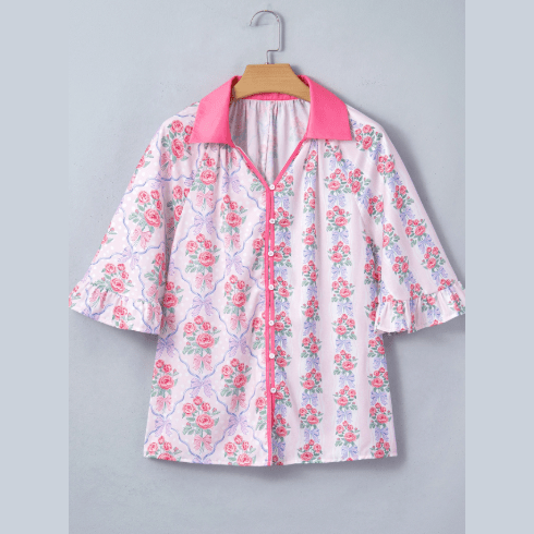 RTS Floral Collared Ruffled Half Sleeve Shirt
