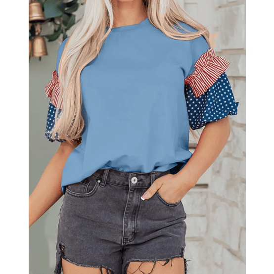 RTS Alana Beau Blue Stars Stripes Short Puff Sleeve Top