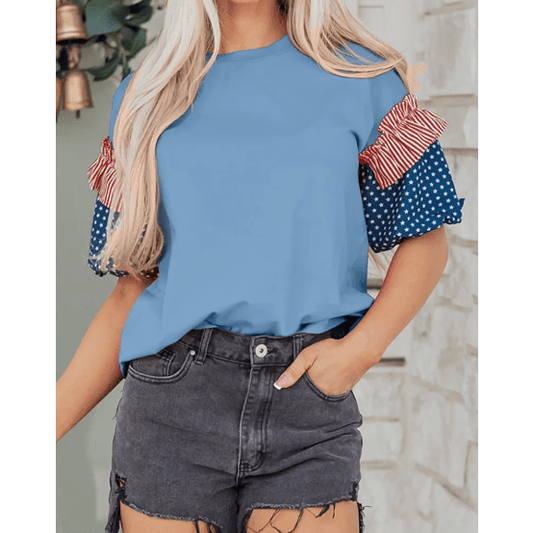 RTS Alana Beau Blue Stars Stripes Short Puff Sleeve Top